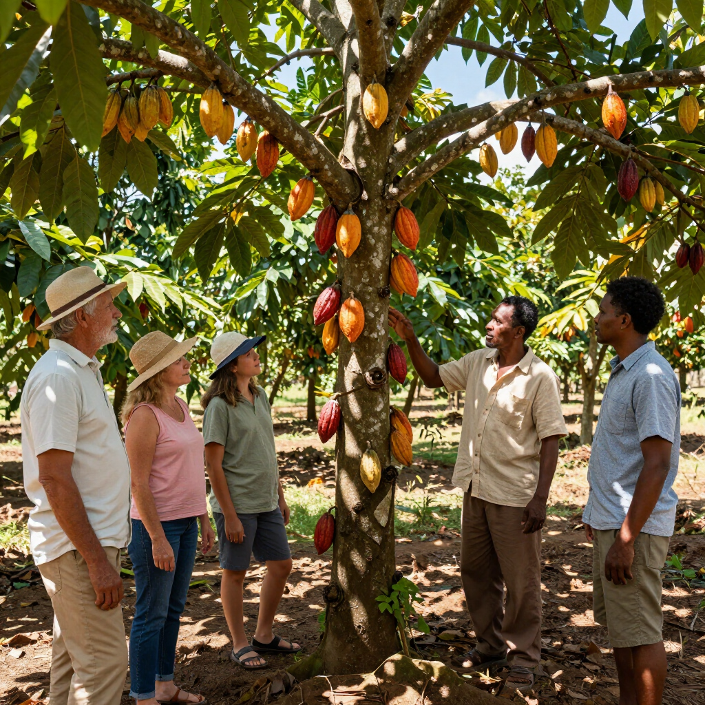 Five people examining cacao pods on a tree in a tropical orchard
