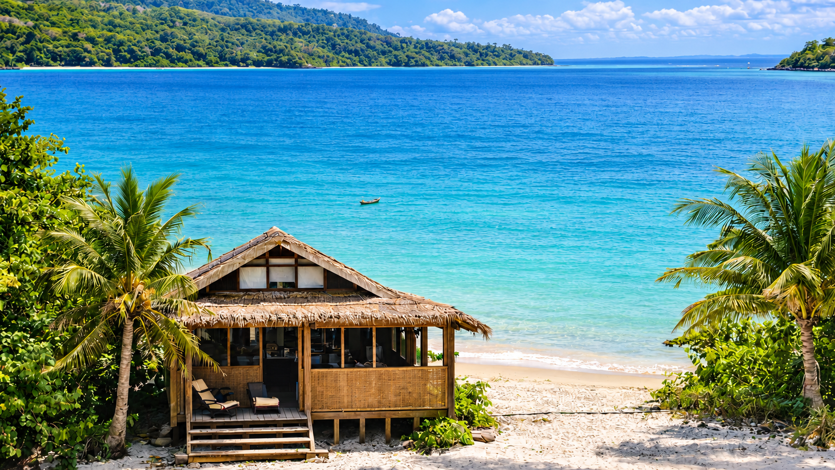 Tropical beach with a wooden hut, palm trees, turquoise water, and a clear blue sky