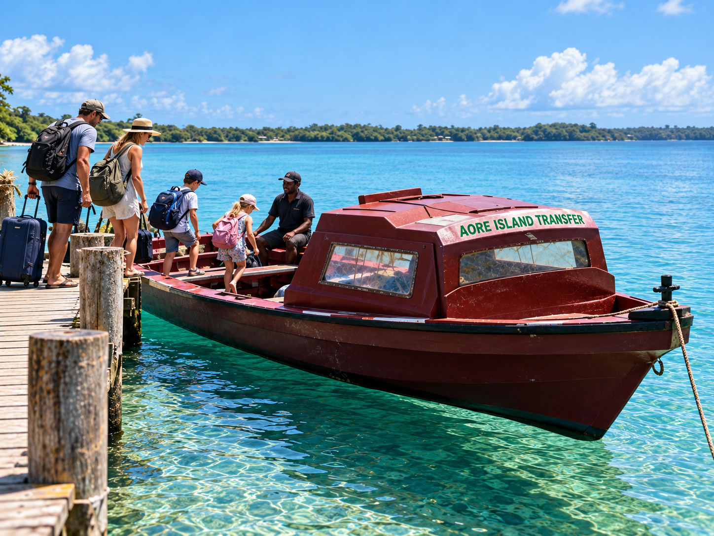 Red boat docked at a tropical pier with people boarding over clear turquoise water
