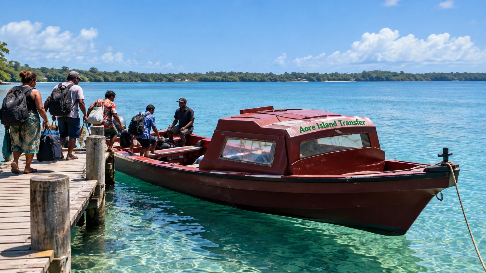 Musk coloured boat with Aore Island Transfers on it with people getting on
