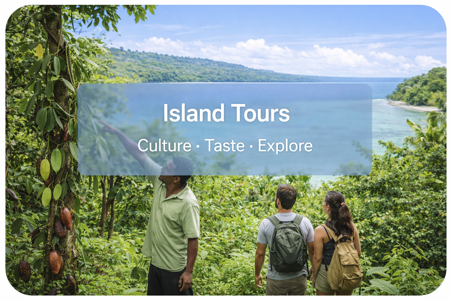 Island Tours banner over lush lakeside view with three hikers overlooking the water