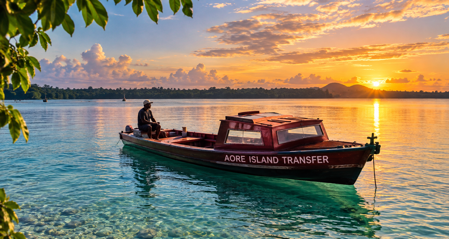 Small transfer boat on turquoise water at sunset, with one person aboard and distant shoreline silhouetted.