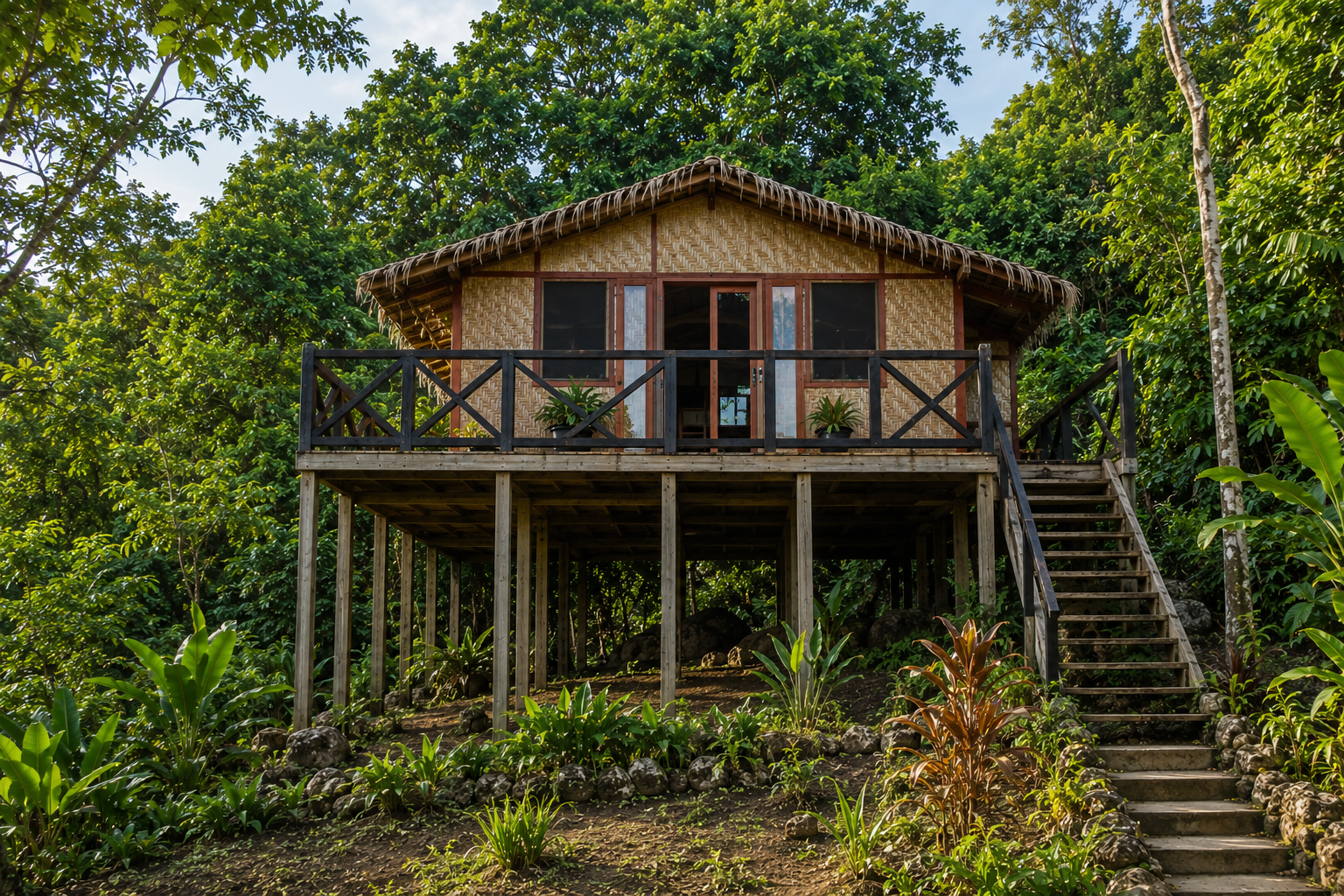 Rustic wooden cabin on stilts in lush forest, with front porch and staircase.