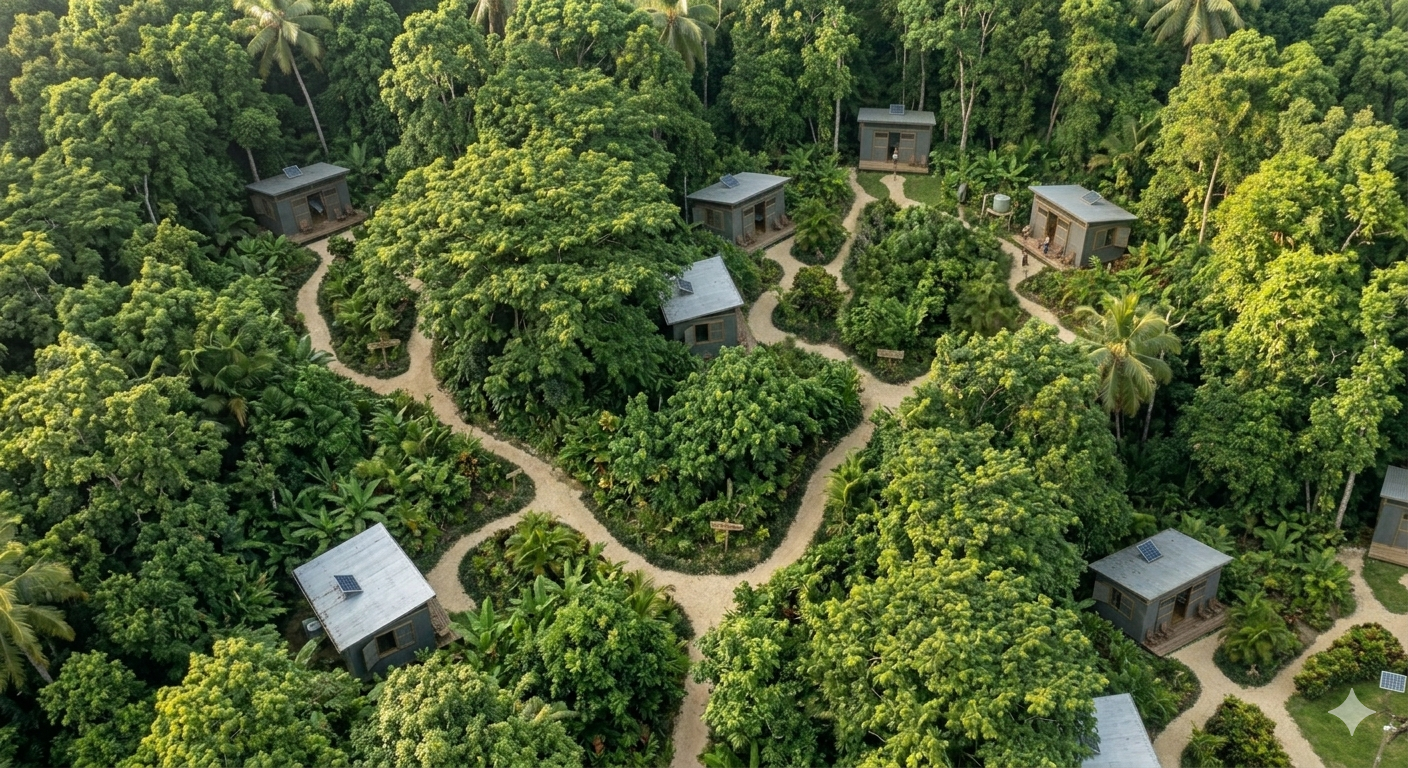 Aerial view of small cabins and winding paths hidden in dense green forest canopy