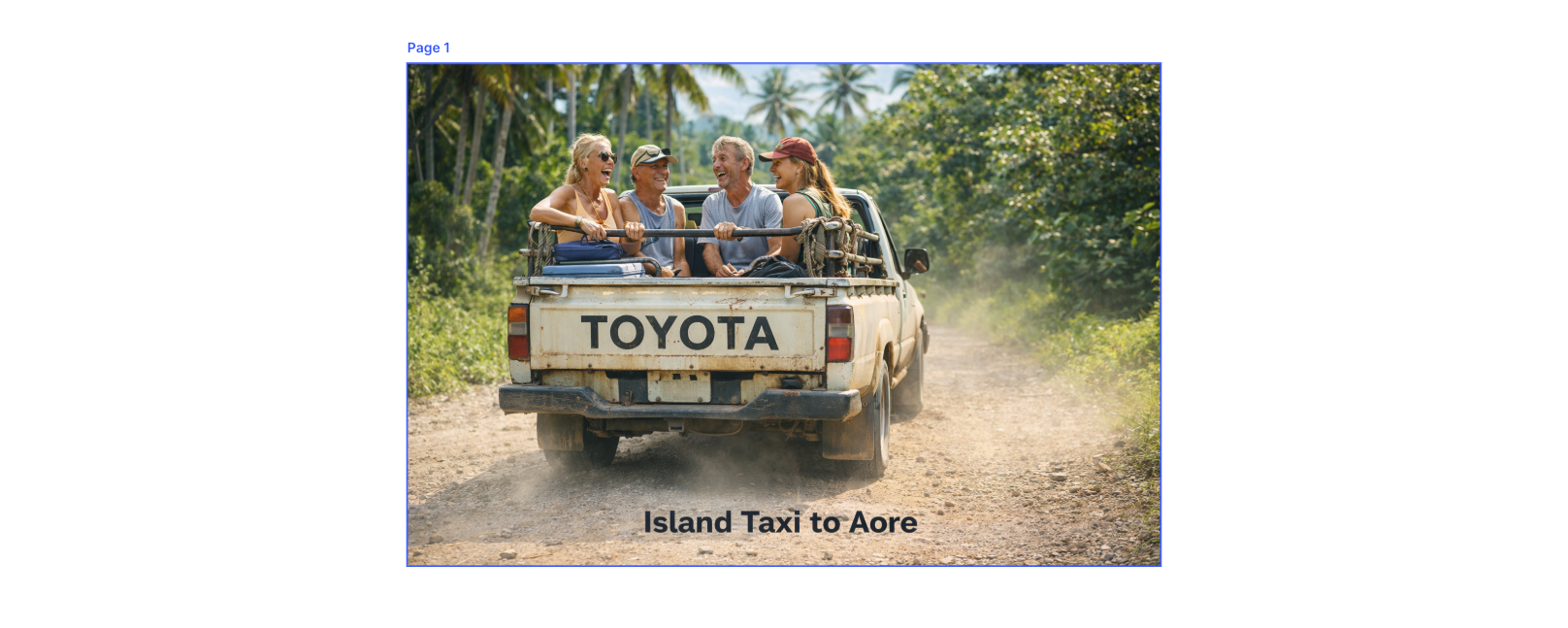 Toyota pickup driving on a dirt road, laden with passengers and cargo, in a forested area.