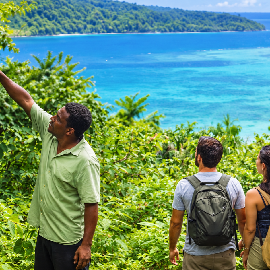 Hikers overlooking a bright blue tropical bay from a lush green hillside