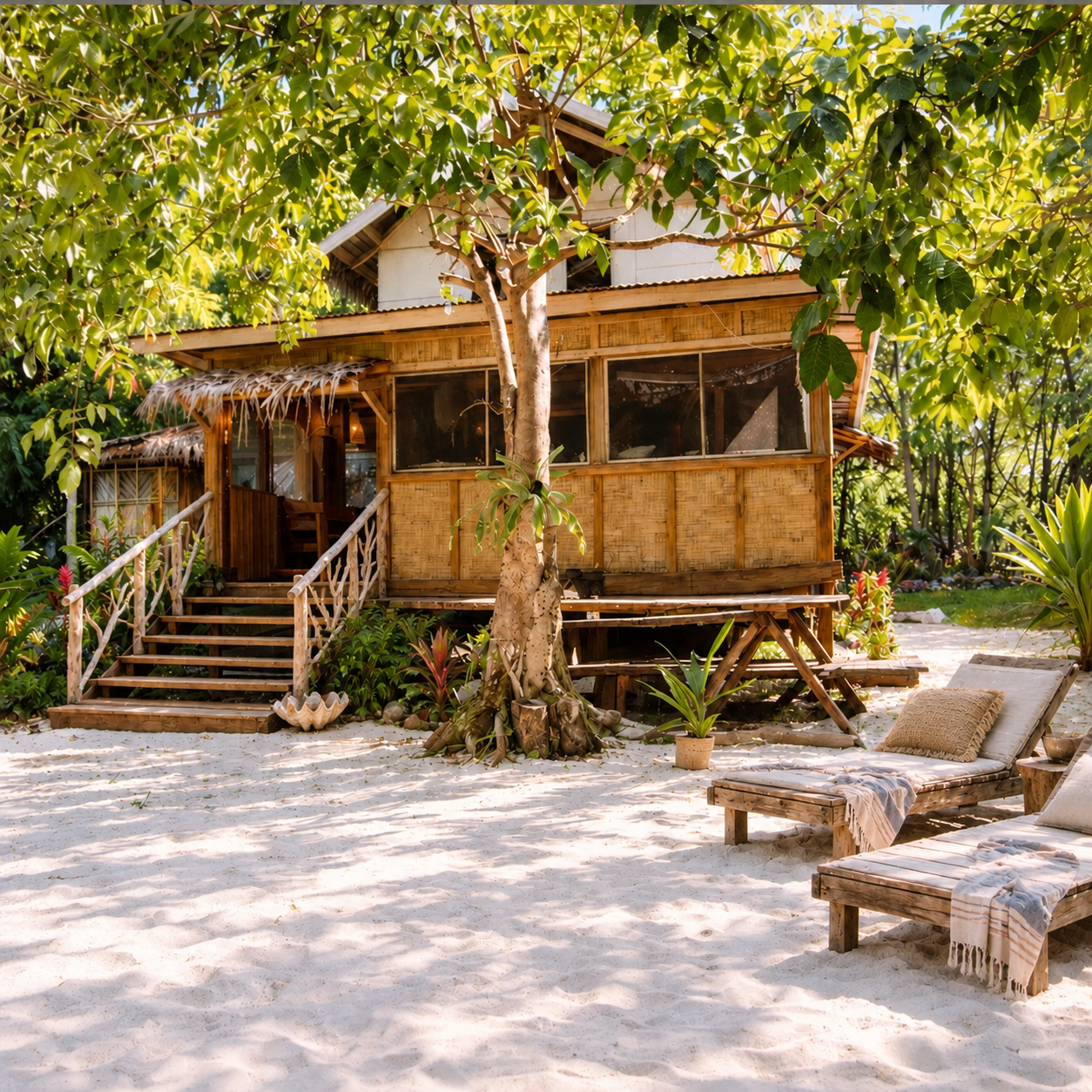 A rustic wooden cabin among trees with a sandy yard and lounge chairs in front