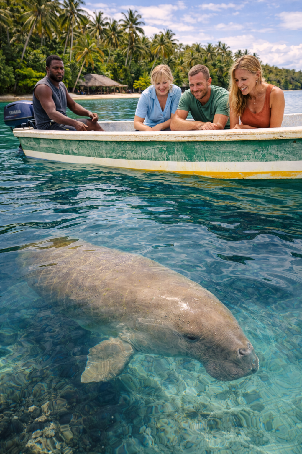 A manatee swims in clear blue water next to a small boat with four people looking down at it, near a tropical shore.