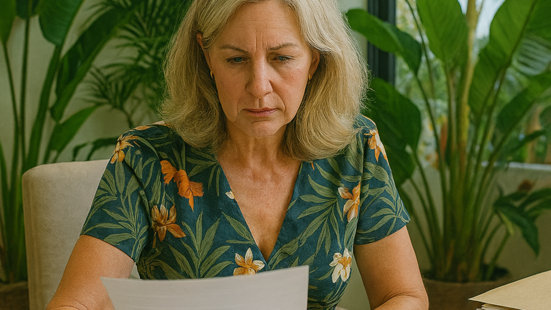 Woman in a green floral shirt reading a document at a table indoors, with plants in the background