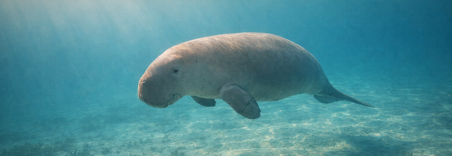Manatee swimming underwater in clear blue water
