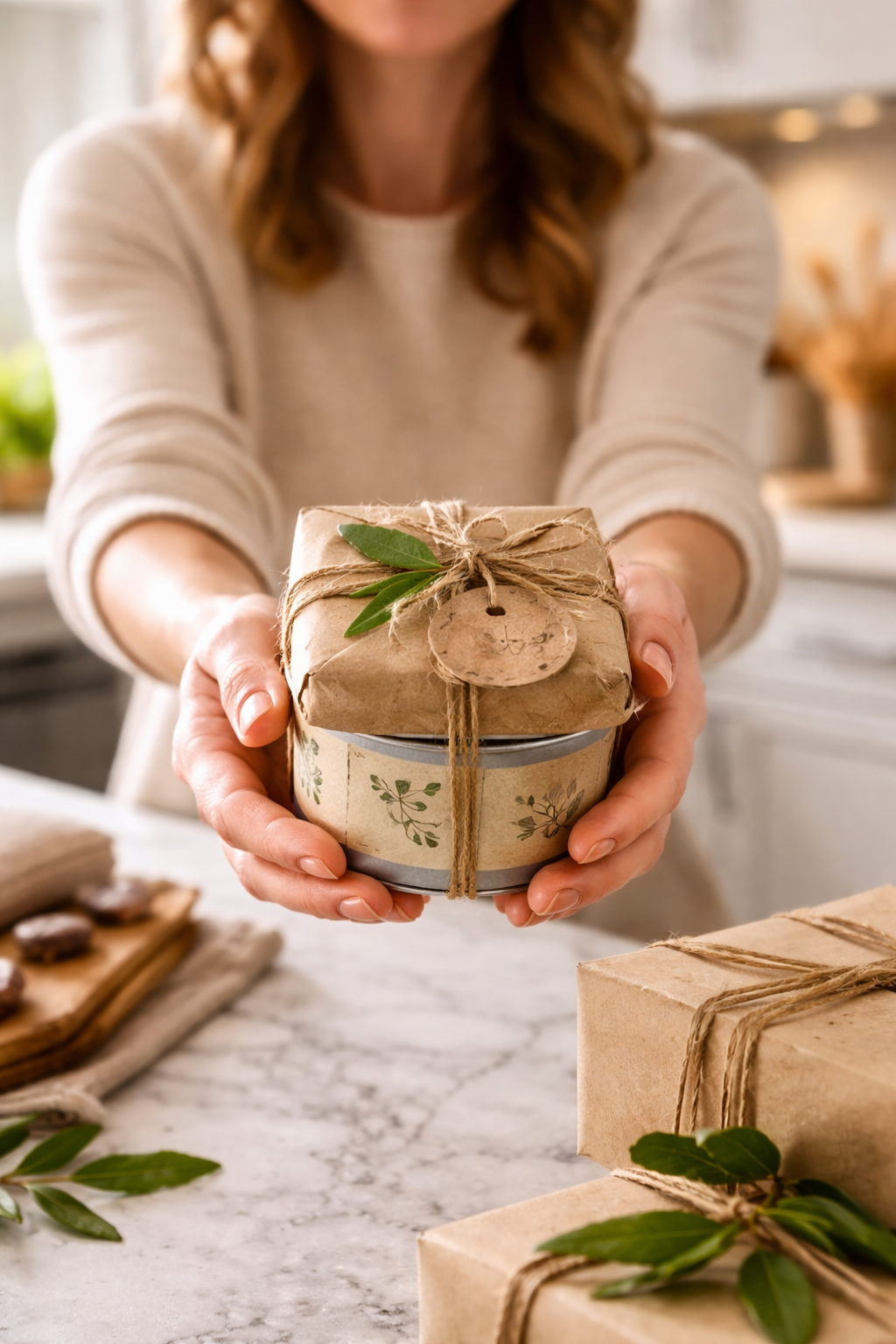 A tin of Aore Island peppercorns sits on a rustic wooden table next to a wooden spoon filled with the spice.