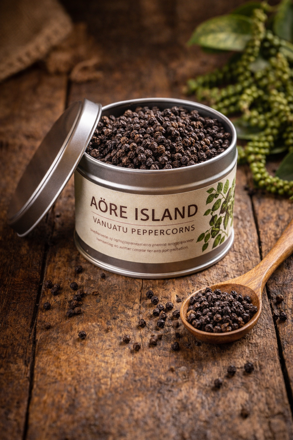A tin of Aore Island peppercorns sits on a rustic wooden table next to a wooden spoon filled with the spice.