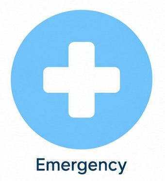 Blue emergency icon with white medical cross and the word “Emergency” below