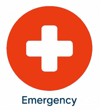 Orange emergency icon with white cross and the word “Emergency” below.