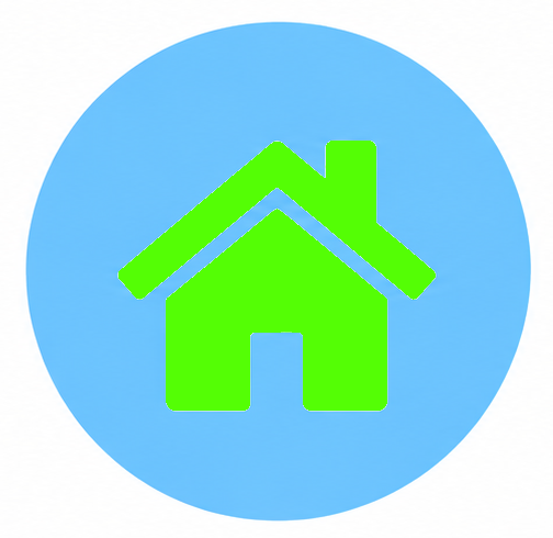 Green house icon inside a blue circle.