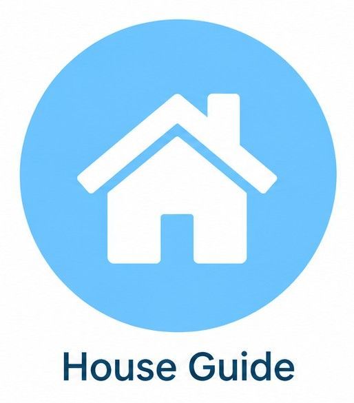 Blue circular house icon with the text “House Guide” below it