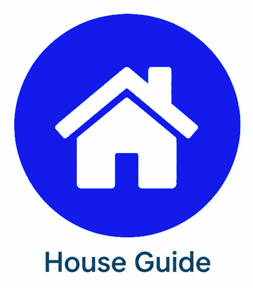 Blue circular logo with white house icon and the text “House Guide” below it
