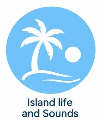 Blue circular logo with white palm tree, sun, and waves, labeled “Island life and Sounds”