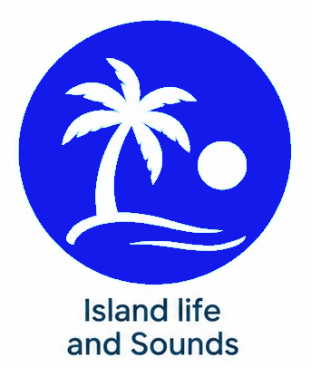 Blue circular logo with a white palm tree, sun, and waves above the text “Island life and Sounds”