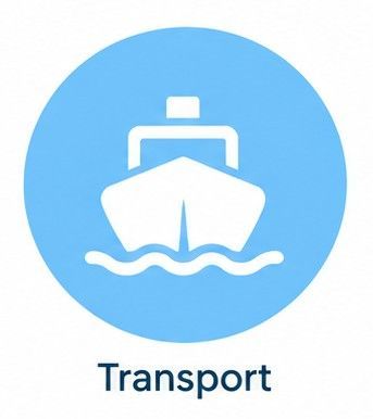 Blue circle transport icon with a white boat and the word “Transport” below