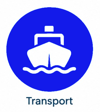 Blue circular transport icon with a white ship above the word “Transport”.