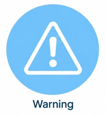 Blue warning icon with white triangle and exclamation mark, labeled “Warning”