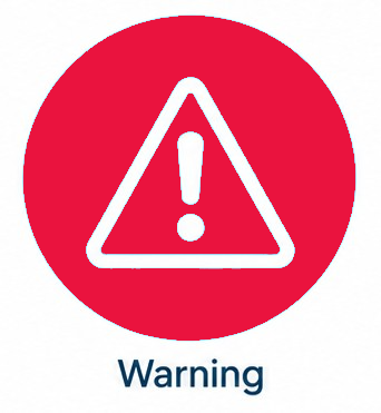 Red warning icon with white exclamation mark in triangle and the word “Warning” below