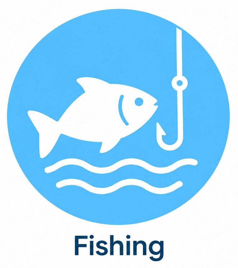 Blue fishing icon with a fish, hook, and waves, labeled “Fishing”
