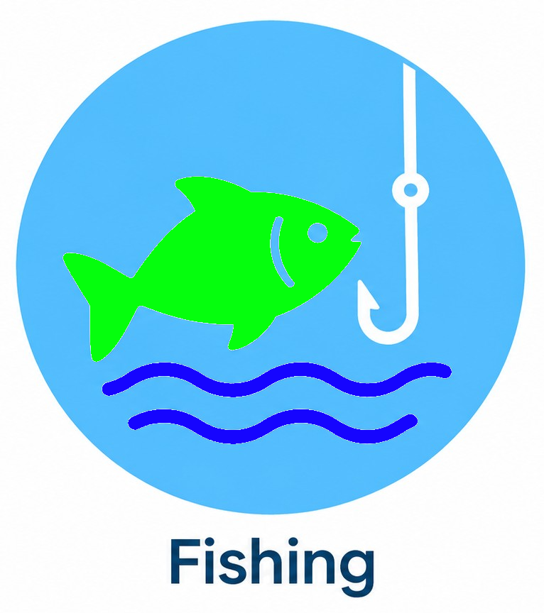 Blue fishing icon with a green fish, white hook, and “Fishing” text above wavy water lines