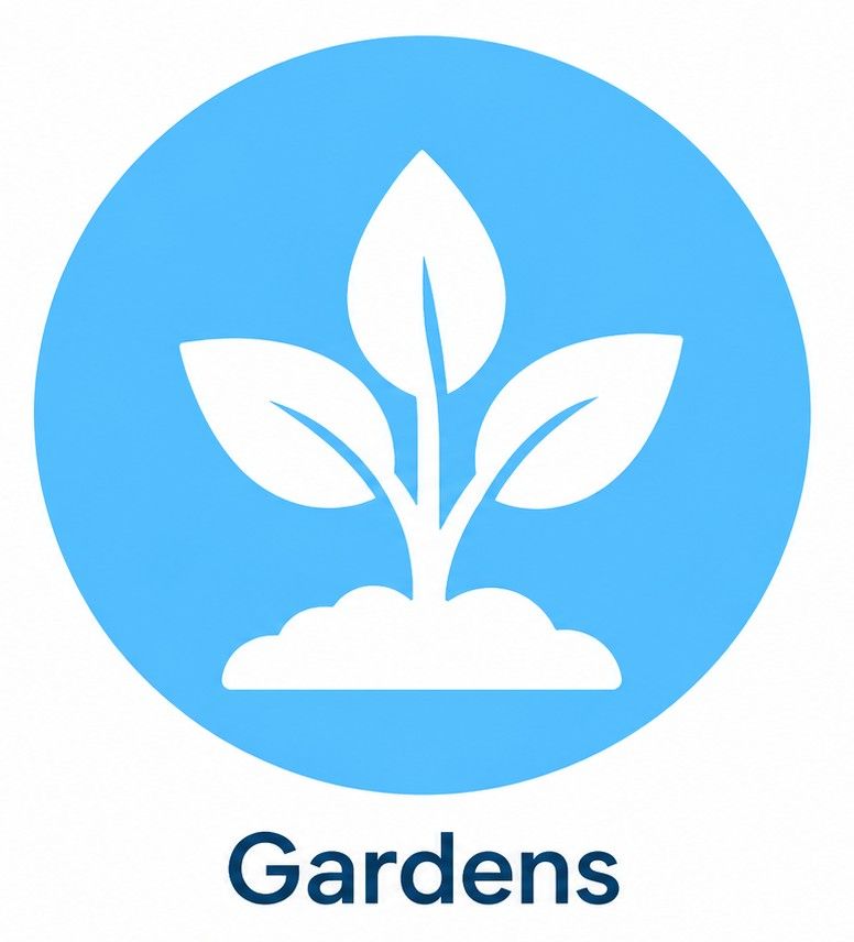 Blue circular Gardens logo with a white plant sprouting from clouds and the word “Gardens” below