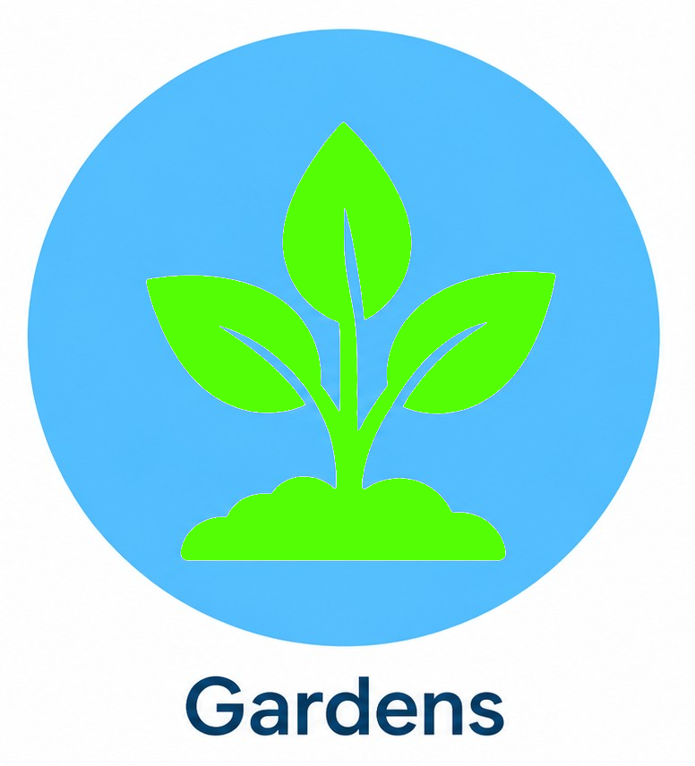 Blue circle logo with green plant and the word “Gardens” underneath