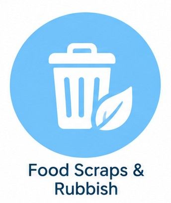 Blue recycling icon with trash can and leaf labeled “Food Scraps & Rubbish”