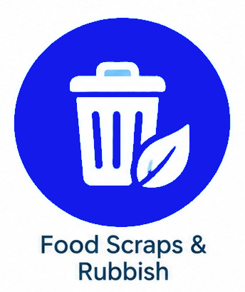 Blue recycling icon with a trash bin and leaf, labeled “Food Scraps & Rubbish”
