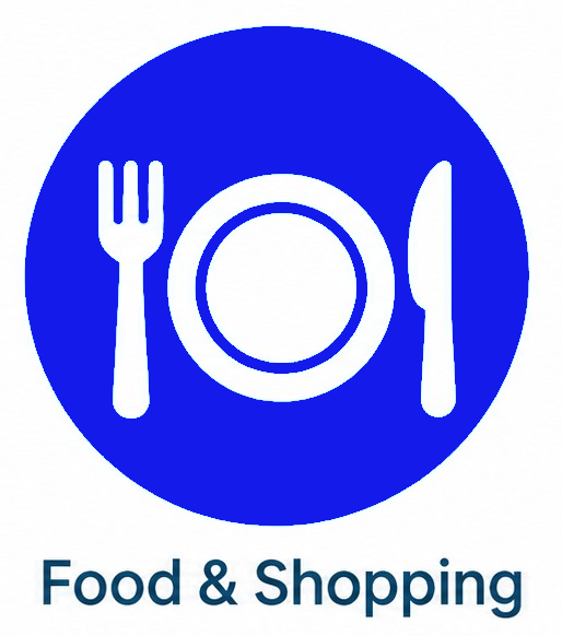 Blue food and shopping icon with plate, fork, and knife above the words “Food & Shopping”