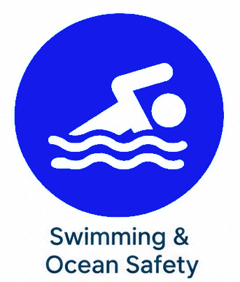 Blue swimming and ocean safety icon with a swimmer above waves and the text “Swimming & Ocean Safety”