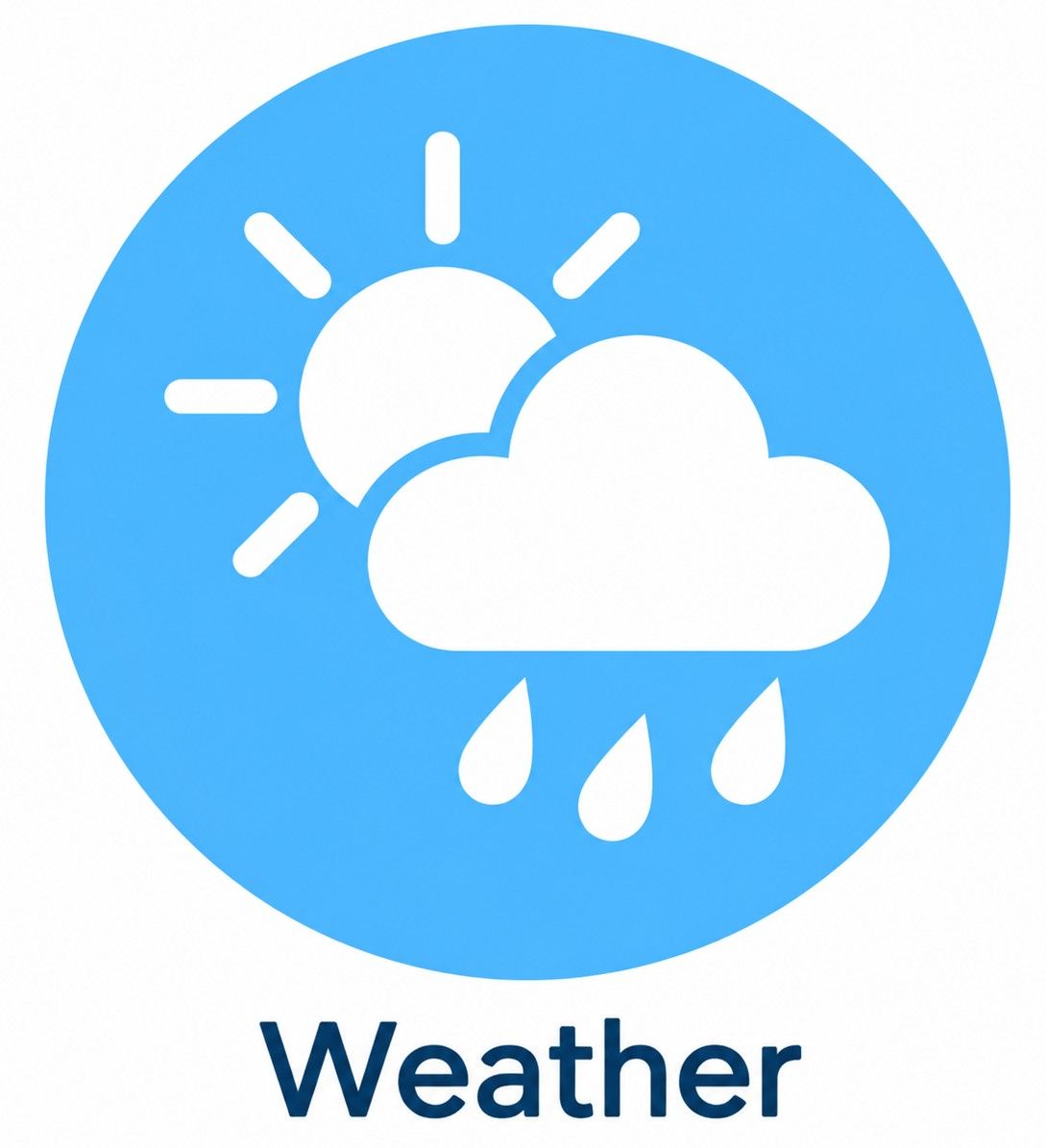 Weather icon with sun, cloud, and raindrops on a blue circle, labeled “Weather”