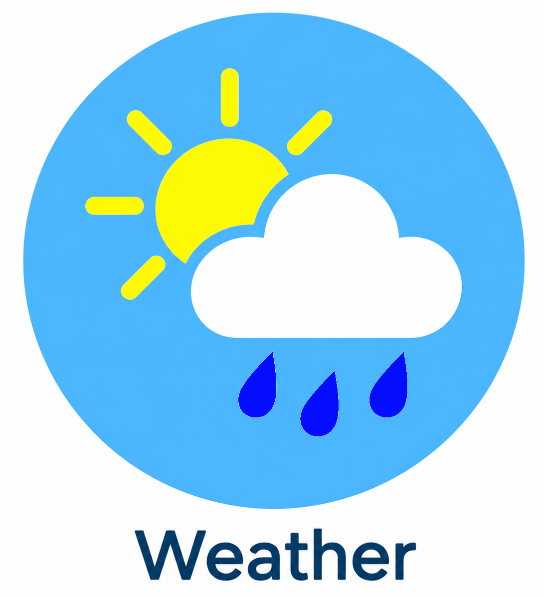 Weather icon showing sun, cloud, and raindrops on a blue circle