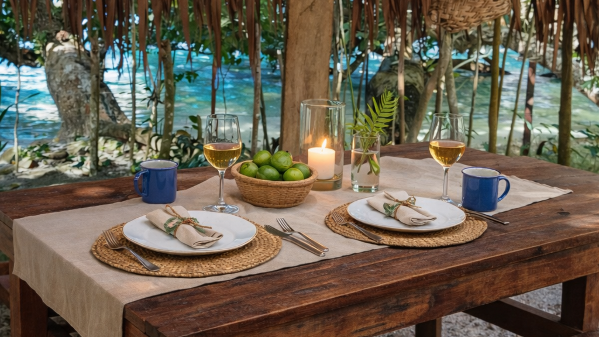 Romantic seaside table setting with plates, candles, coconuts, and blue mugs under a thatched canopy