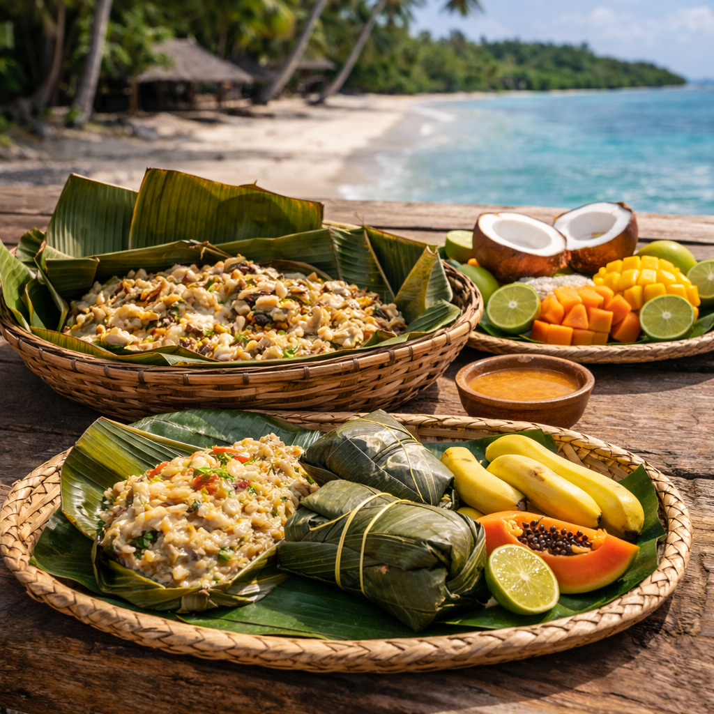 Tropical beach picnic with woven trays of rice dishes, banana leaves, fruit, and coconuts on sand.