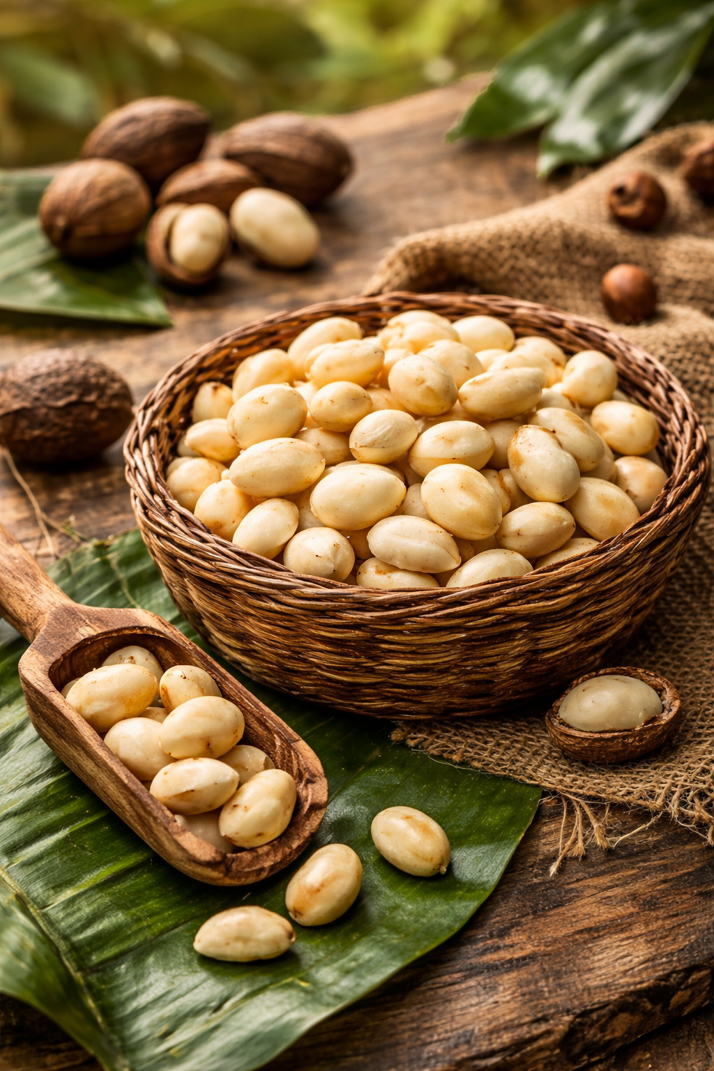A wooden bowl and scoop filled with peeled, pale macadamia nuts on a wooden table with some nuts in their brown shells.