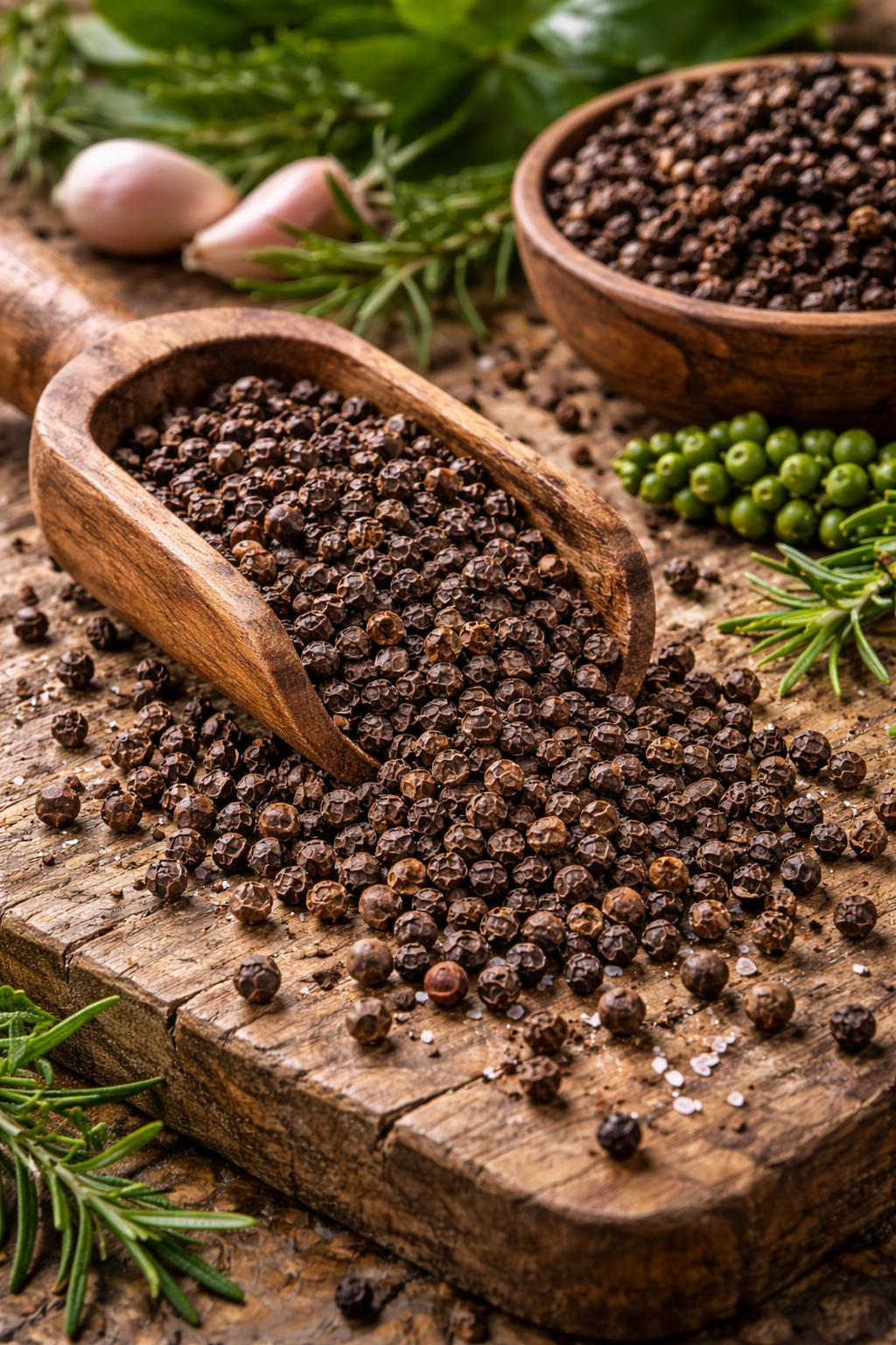 A kraft paper bag of Phoenix Plantation whole black peppercorns, 1kg, centered on a rustic wood surface outdoors.