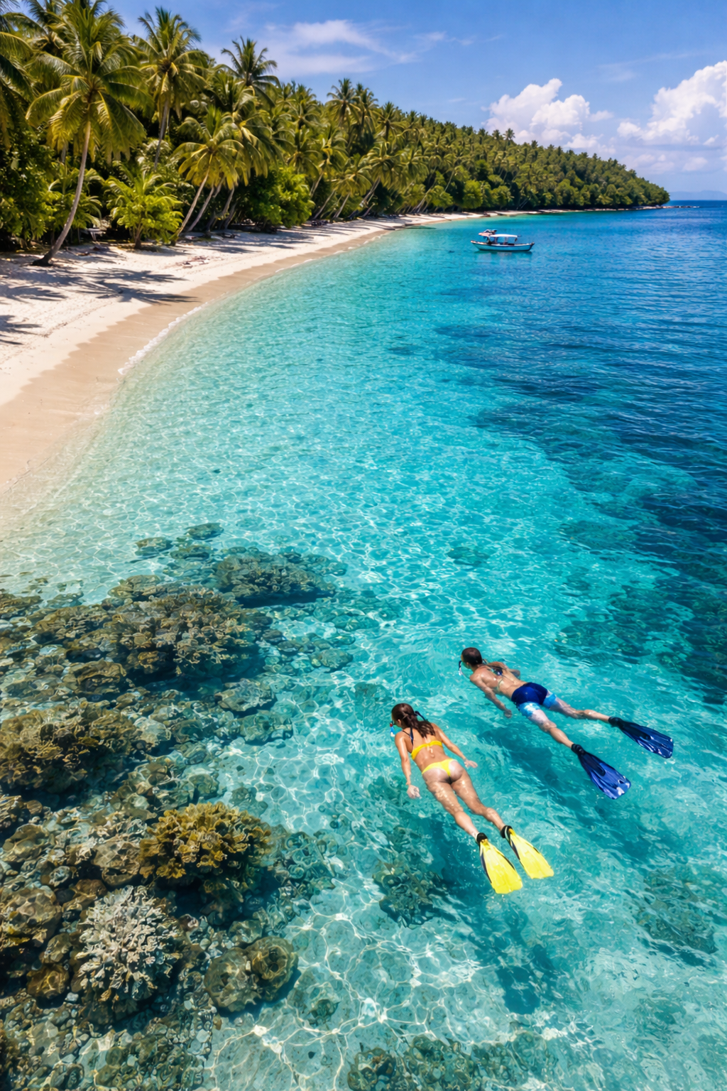 A manatee swims in clear blue water next to a small boat with four people looking down at it, near a tropical shore.