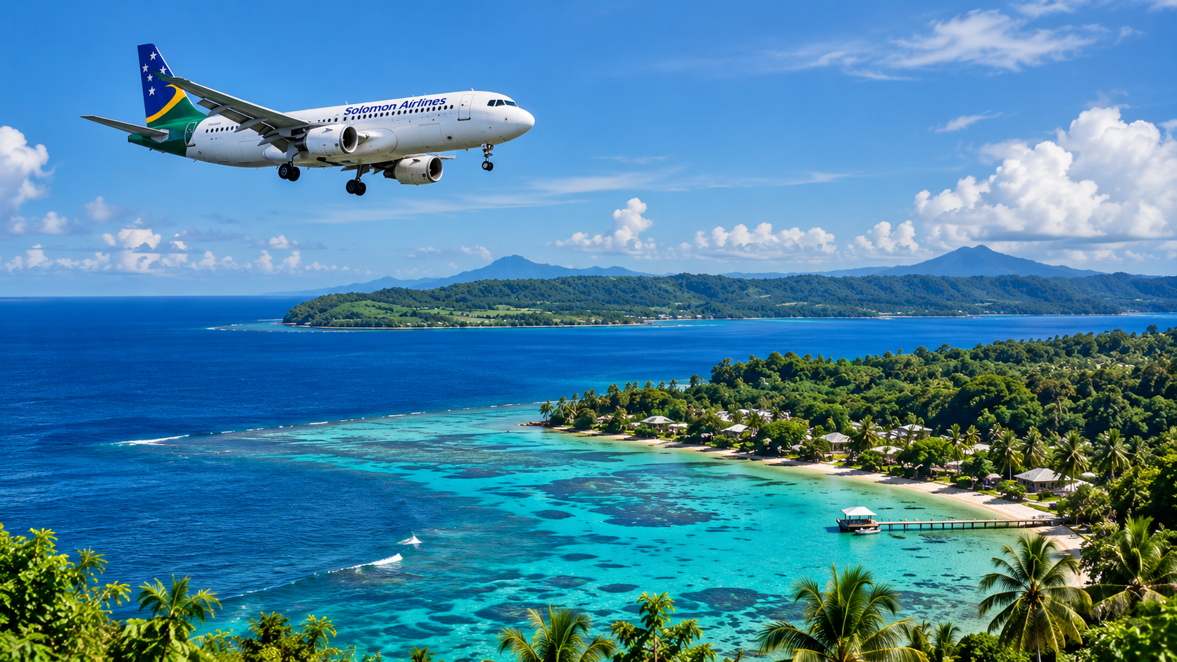 Airplane flying over a tropical island and turquoise ocean under a bright blue sky
