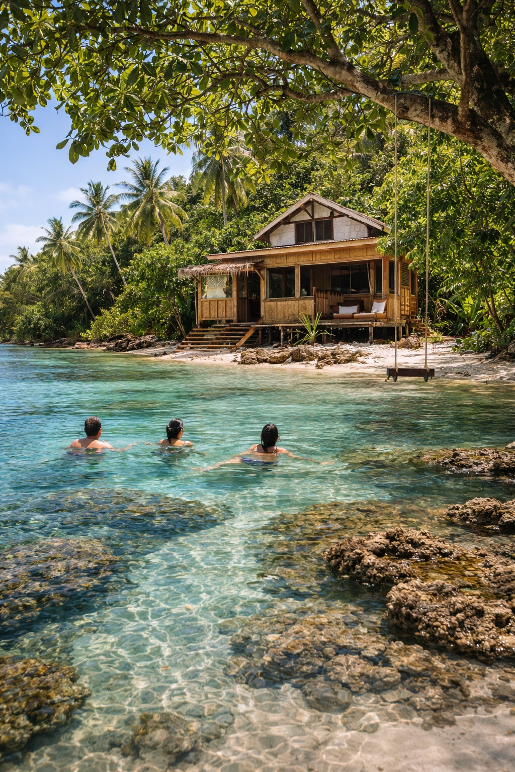 Swimmers in clear tropical water near a thatched hut on a palm-lined shore