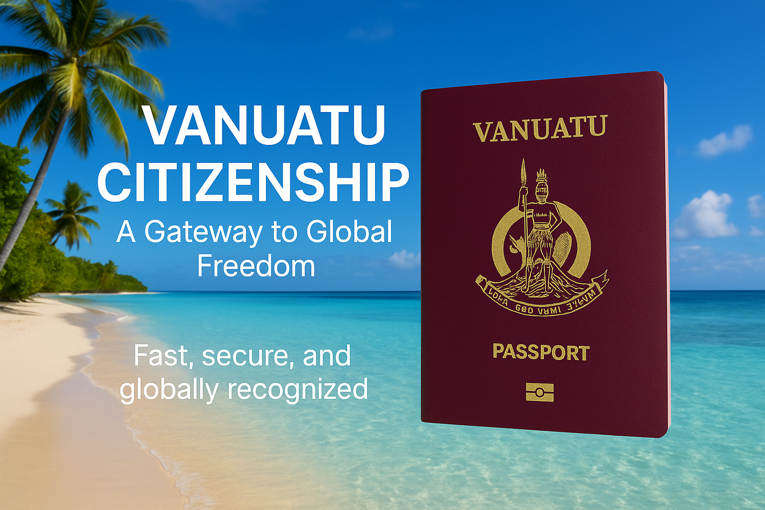 Vanuatu Citizenship ad with passport over a tropical beach, promoting fast, secure, globally recognized freedom.