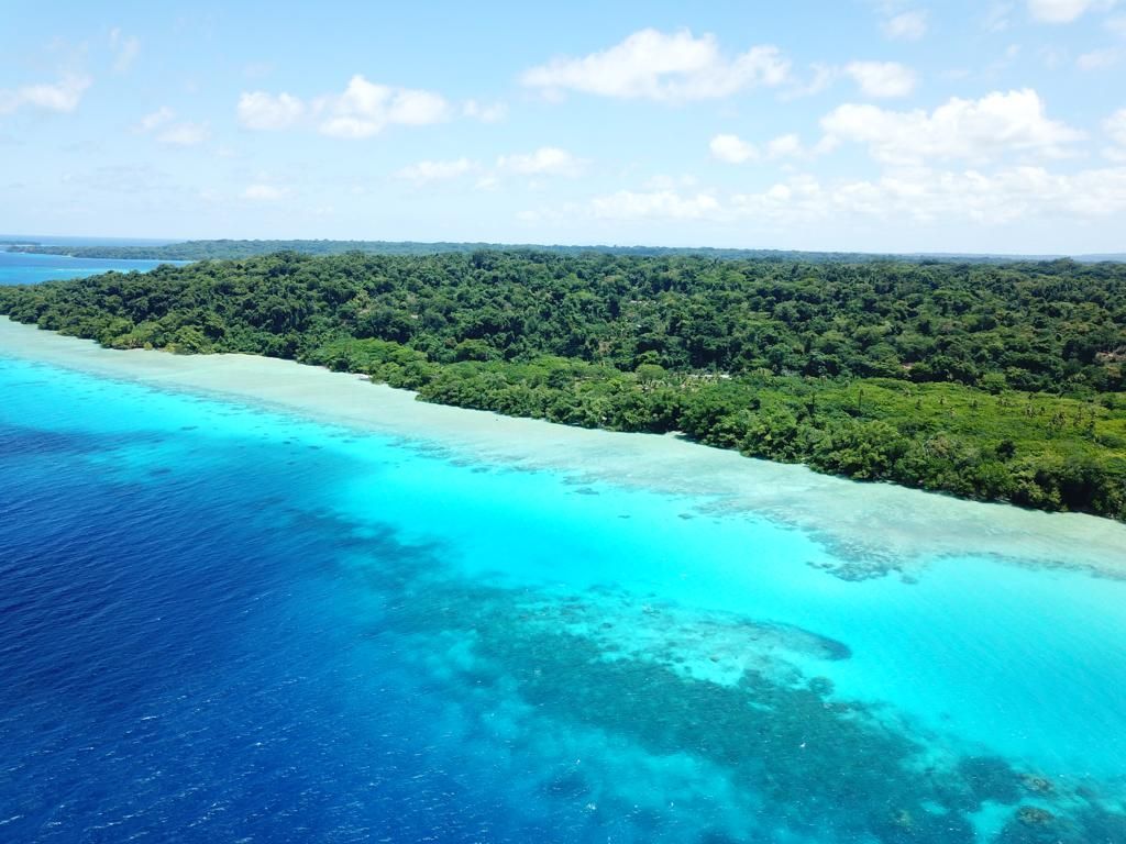 Tropical island shoreline with turquoise lagoon, blue ocean, and lush green forest under a clear sky