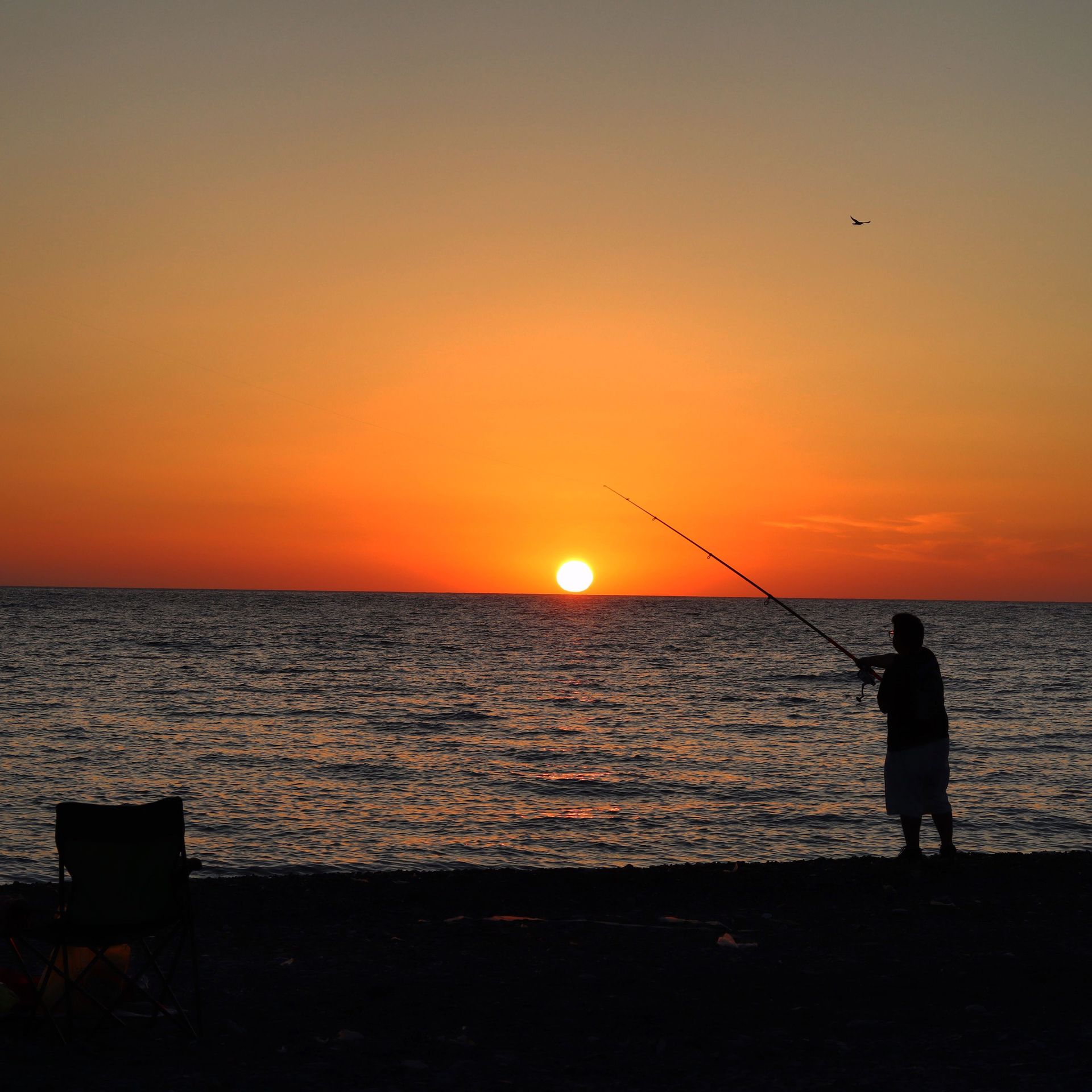 Silhouette of a person fishing at sunset beside the ocean