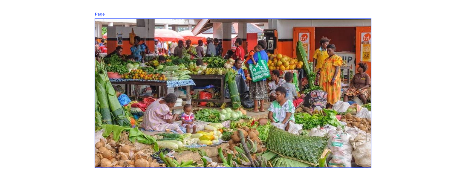 Colorful market stall with fresh fruits, vegetables, and flowers displayed under a red awning