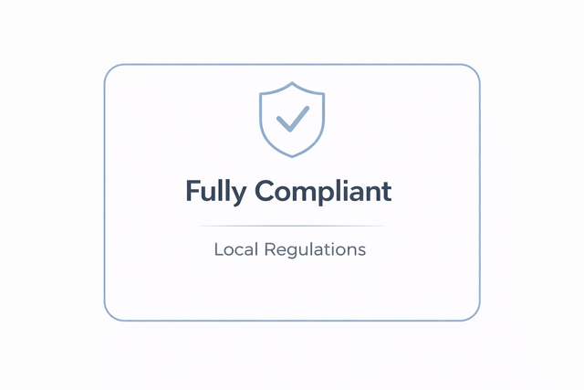 Shield icon with “Fully Compliant” and “Local Regulations” on a light card
