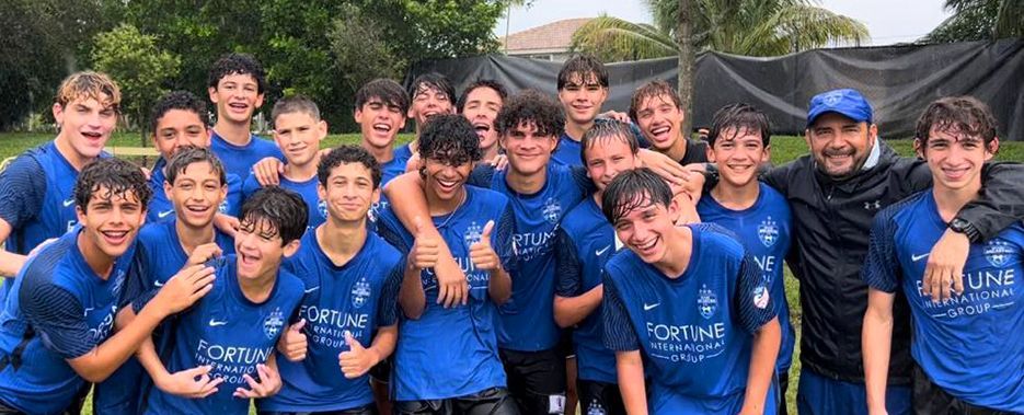 Miami Breakers FC 2012 White celebrating Champions of the 2023 United Soccer Cup & Showcase